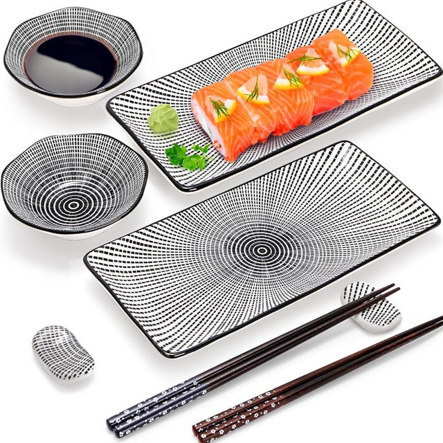 Pumtus 8 Pcs Sushi Plate Set, Ceramic Sushi Serving Set for 2, Japanese Sushi Dinnerware for Wedding Housewarming, Includes 2 Serving Dishes, 2 Sauce Bowls, 2 Pairs of Chopsticks, 2 Chopstick Holders