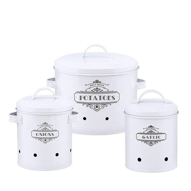 HausRoland Set of 3 Potato Onion Kitchen Storage Canisters Jars Pots Containers 3 Pack Set Garlic Bin Caddy With Aerating Tin Storage Holes Metal Lid (White, GS-03621-3PCS(A-409))