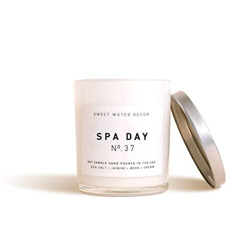 Spa Day Natural Soy Wax Candle White Jar Silver Lid Scented Summer Sea Salt Jasmine Wood Cream Bathroom Modern Rustic Home Decor Accessories Relaxation Made in USA Lead and Gluten Free Cotton Wick
