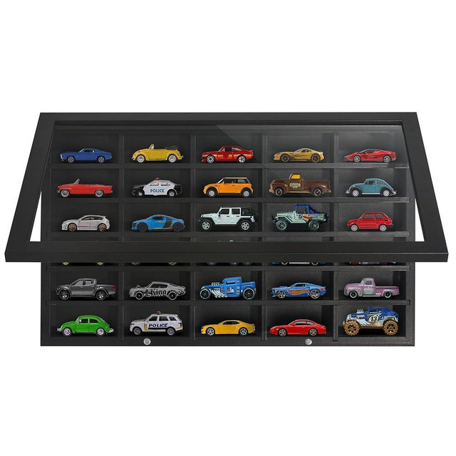 Americanflat 11x18 Toy Car Display Case - Holds up to 30 Cars - Model Car Displays with Removable Shelves and Shatter-Resistant Glass - Wall Mounted Display Cases for Collectibles - Black