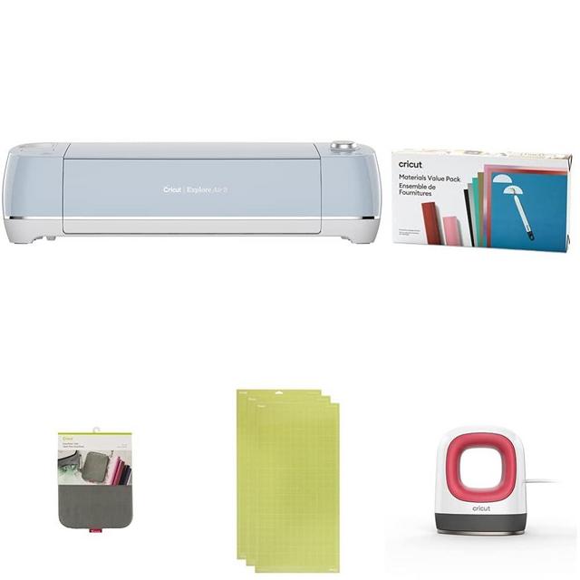 Cricut Explore Air 2 (Blue) - Ultimate Starter Set - Includes Mini Heat Press, Heat Press Mat, Machine Mats, Weeder Tool, & Materials Sampler (Iron On, Sportflex Iron On, Vinyl, Transfer Tape)