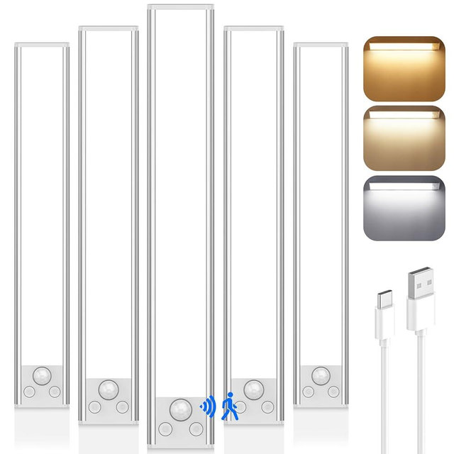 14in Under Cabinet Lighting, 3200mAh Rechargeable Battery Powered Closet Lights with 3 Color Tempers 108 LED, Wireless Motion Sensor Light Indoor, Dimmable Lights for Kitchen, Stair, 5-Pack