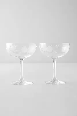 Etched Floral Coupes, Set of 2