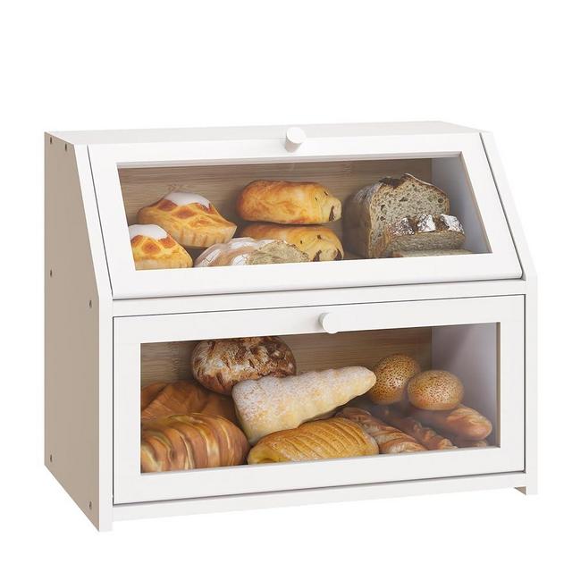 BMOSU Bamboo Bread Box for Kitchen Bread Storage And Organizer Farmhouse Countertop Bread Container With Clear Window Breadbox Double Layer Bamboo Wooden Extra Large Capacity (White)