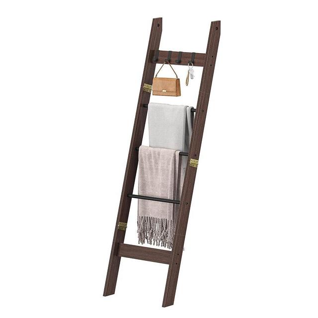 Hzuaneri Blanket Ladder for Living Room, Decorative Quilt Rack with 4 Removable Hooks, 5-Tier Farmhouse Ladder Holder Shelf Organizer for Bedroom, Black Tea Brown and Black BR02120B