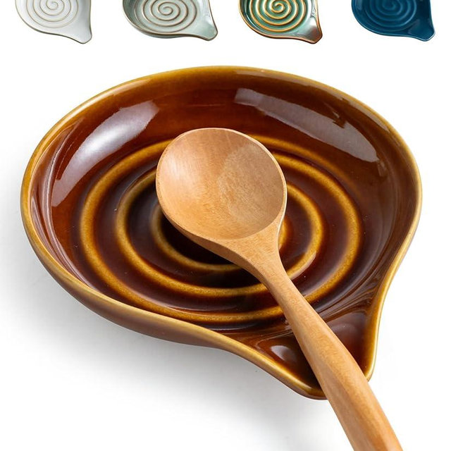 LAUCHUH Spoon Rest, 5 inches Large Ceramic Spoon Rest for Stove Top Cooking Spoon Holder for Kitchen Counter Spatula Holder for Tongs, Ladle, Fork, Heat-Resistant, Dark Brown
