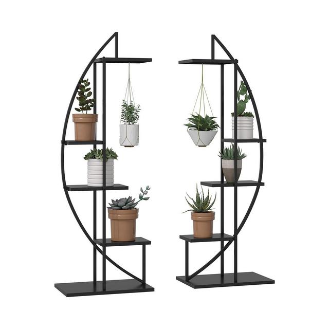 Outsunny 5 Tier Metal Plant Stand Half Moon Shape Ladder Flower Pot Holder Shelf for Indoor Outdoor Patio Lawn Garden Balcony Decor, 2 Pack, Black