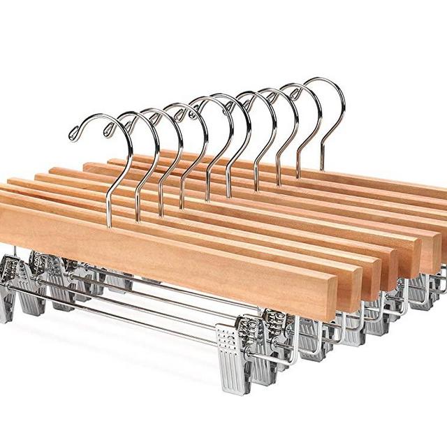 Nature Smile Solid Lotus Wood Deluxe Wooden Pants Hangers Bottom Hanger Jeans Hanger Skirt Hanger with 2-Adjustable Clips Anti-Rust Hook Pack of 10 (Natural)