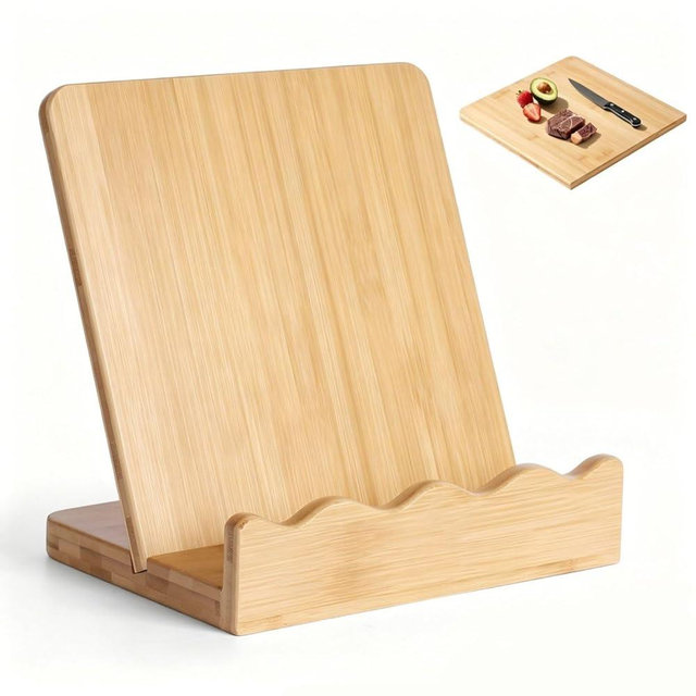 Scalloped Wooden Cookbook Stand with Removable Cutting Board – Adjustable Recipe Book Holder, Charcuterie Board & Kitchen Serving Tray – Kitchen Counte Decor/Bamboo