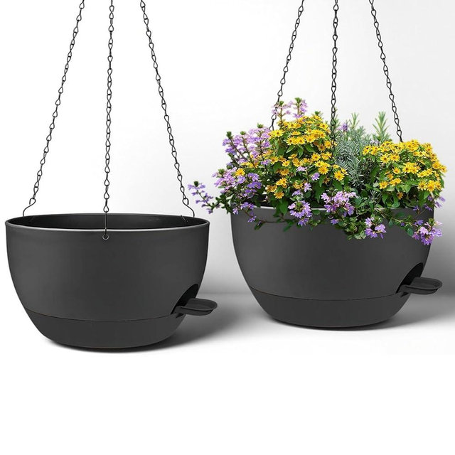 zople 2 Pack 12 Inch Large Hanging Planters with Chains Self Watering Black Plastic Hanging Pots for Indoor Outdoor Plants, Garden Porch Home Decor，Black