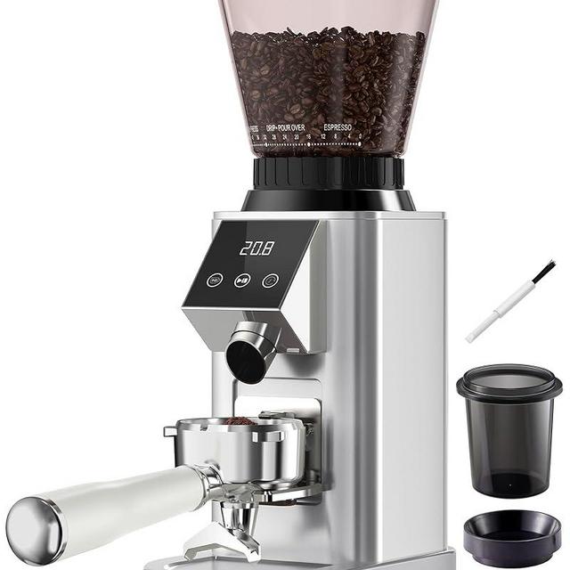 Tuni G1 Conical Burr Coffee Grinder, 48 Grind Settings Anti-static Burr Mill, Precision Electronic Timer and LED Touchscreen for Espresso/Drip/Cold Brew/French Press, Stainless Steel, Silver