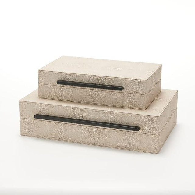 Generic Sagala Set of 2 Ivory Shagreen Decorative Boxes With Black Metal Handles, Faux Leather Jewelry Boxes Modern Storage Boxes Photo Boxes Memory Boxes Home Organizer Box(Ivory), 14.2x8.6x3.5cm