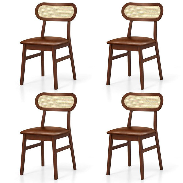 GOFLAME Wooden Dining Chairs Set of 4, Mid-Century Modern Kitchen Chairs with Upholstered Seat & Rattan Backrest, Faux Leather Cover, Armless Side Chairs for Kitchen, Dining Room, Restaurant, Espresso