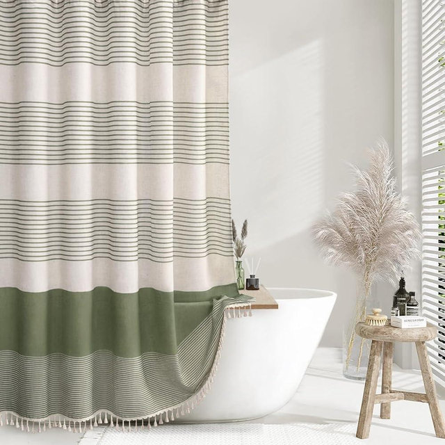 NDDYCU Linen Texture Shower Curtains for Bathroom Sage Green Boho Natural Striped Shower Curtain with Tassel 72 X 72