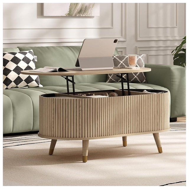 Vanvuson Oval Lift Top Coffee Table with Storage, 42.5” Fluted Coffee Table with Lifting Top & Solid Wood Legs, Mid Century Modern Center Table for Living Room, Home Office, Oak