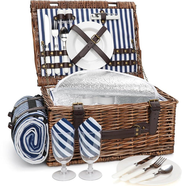 Picnic Basket for 2 Persons - Baskets with Cooler and Picnic Blanket, Classical Wicker Picnic Basket with Waterproof & Sand-Proof Beach Mat,Willow Hamper Service Gift Set