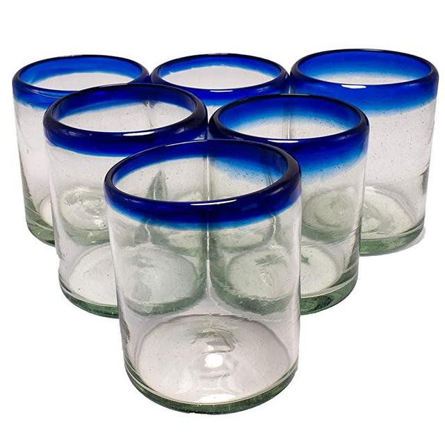 EMPORION Set of 6 Hand-Blown Tumbler Glasses from Mexico with Cobalt Blue Rim - Rustic & Handcrafted Recycled Bubble Glass Drinking Glassware - 10 Oz