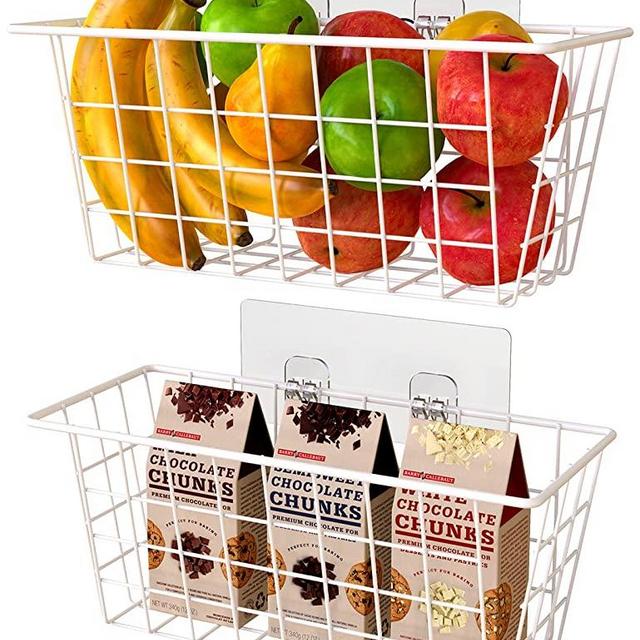 MaraFansie Wall Wire Baskets Bin No Drilling Adhesive Hanging Baskets Wall Mounted for Cabinet & Pantry Organization and Kitchen, Bathroom, Bedroom Storage, 2 Pack, White