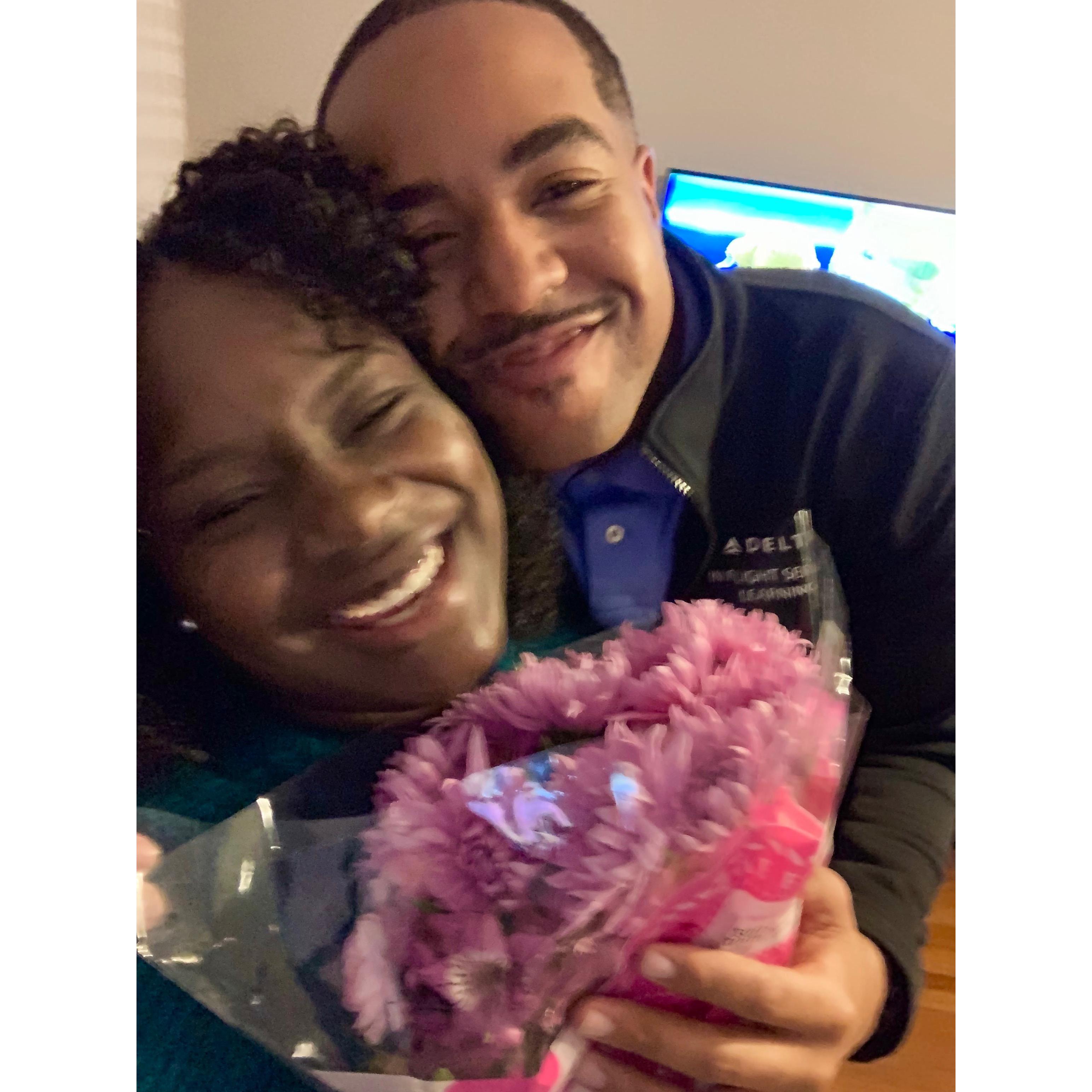 10/20/2019: Joshua surprising Marleca with flowers before a date in Atlanta.
