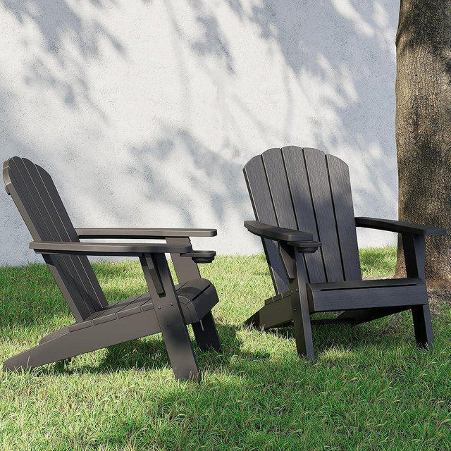 NBYSGO Adirondack Chairs Set of 2, Black All-Weather HDPE Outdoor Chairs with Cup Holders, Patio Adirondack Chair for Porch, Deck, Lawn, Garden