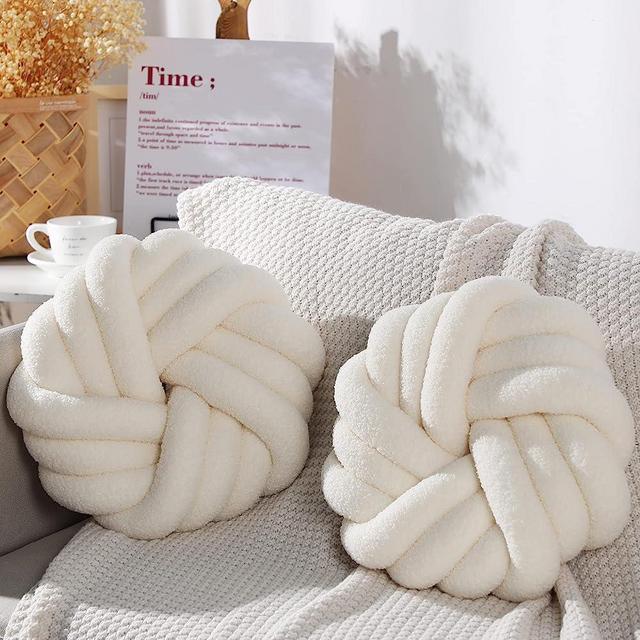 Marsui 2 Pieces Knot Ball Pillows 14 Inch Round Throw Pillow Cushion Decorative Pillows for Living Room Home Decoration Soft Handmade Plush Sherpa Pillow for Couch Bed Bedroom (Beige)
