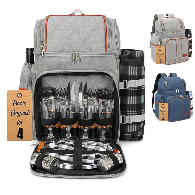 Rnoony Picnic Backpack for Camping, Picnic Basket for 4 with Insulated Cooler Bag and Bottle Pouch, Picnic Bag with Lightweight Blanket and Cutlery Set for Family, Couples and Hiking