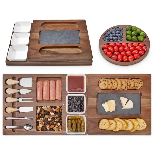 19-Piece Acacia Wood Cheese Board Set with Magnetic Knives, Marble & Wood Serving Platter for Entertaining, Ideal Gift for Christmas, Thanksgiving