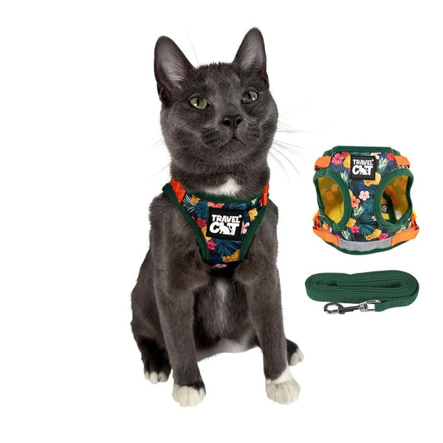 Travel Cat Harness and Leash Set - Adjustable Fit Mesh Cat Harness and Reflective Strap - Comfort Walking Vest for Kitten for Outdoor Walking, Hiking (Large, Hawaiian)