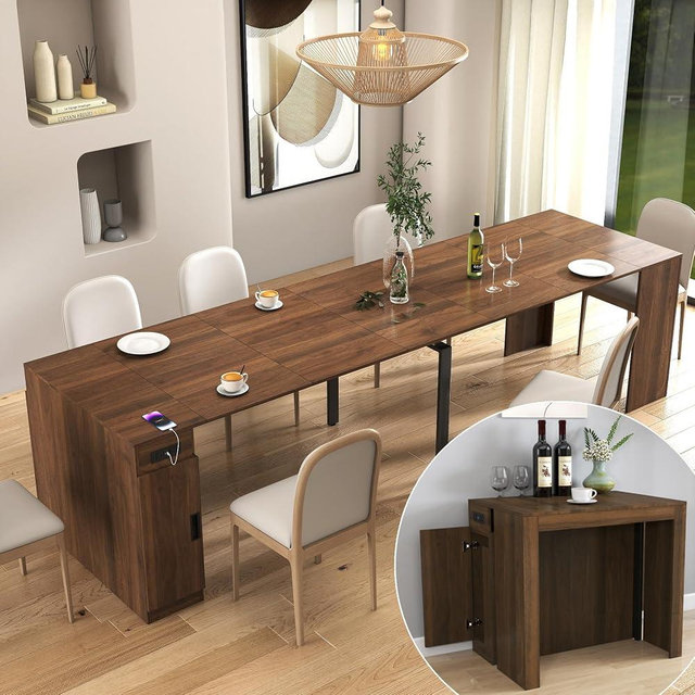 KEIKI 23.62”-118”L Extendable Foldable Dining Room Table with Storage Cabinet & Outlet, 1-10 People Wood Modern Rectangle Expandable Furniture for Kitchen Living Meeting Room, 6 Length Options