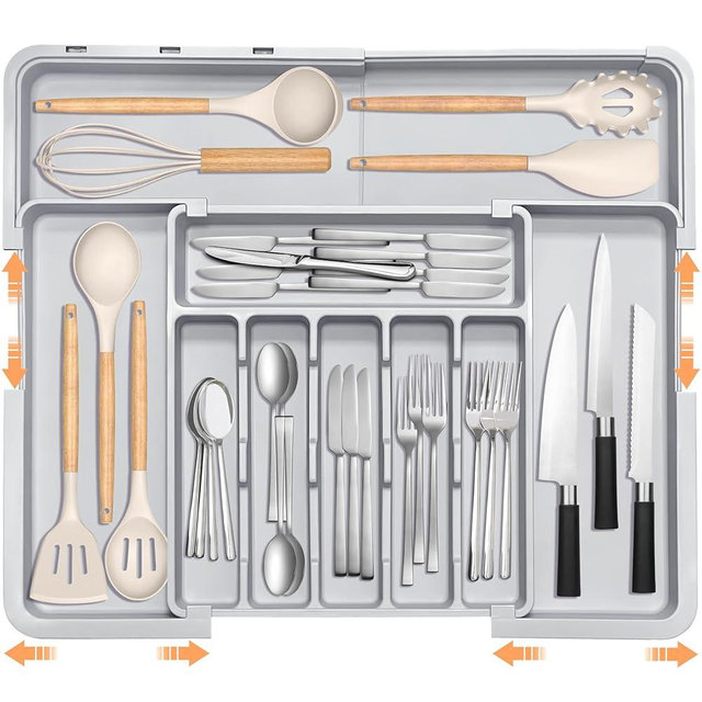 Silverware Organizer Expandable Kitchen Drawer Organizer Adjustable 22"x 19" Utensil Organizer with Rubber Feets Cutlery Drawer Organizer for Spoons Forks Knives Kitchen Organizers and Storage Grey