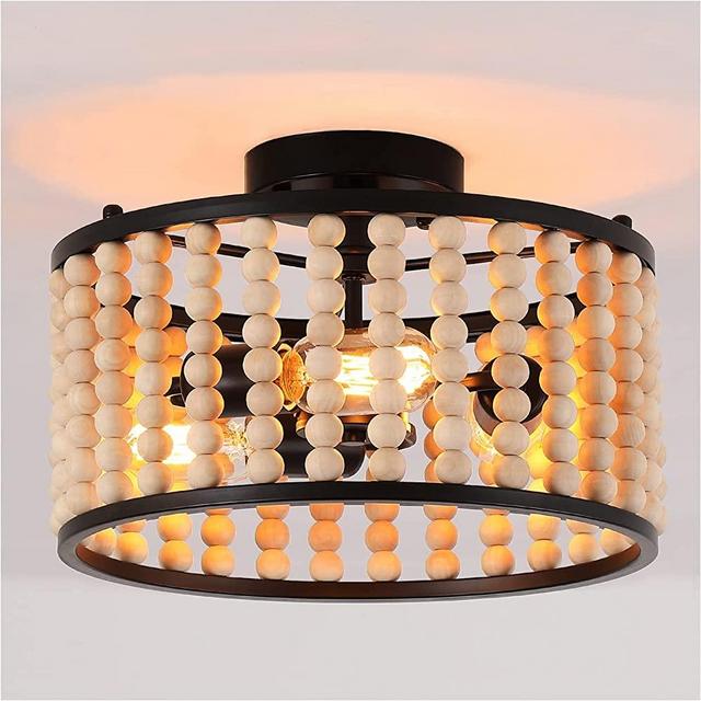 RIDALUX Wood Beaded Chandelier 3 Lights, Boho Farmhouse Ceiling Light Fixtures, Semi Flush Mount Ceiling Foyer Lights Fixtures for Bedroom Living Room,Kitchen,Hallway Entrance, Φ13.0" x H8.7"