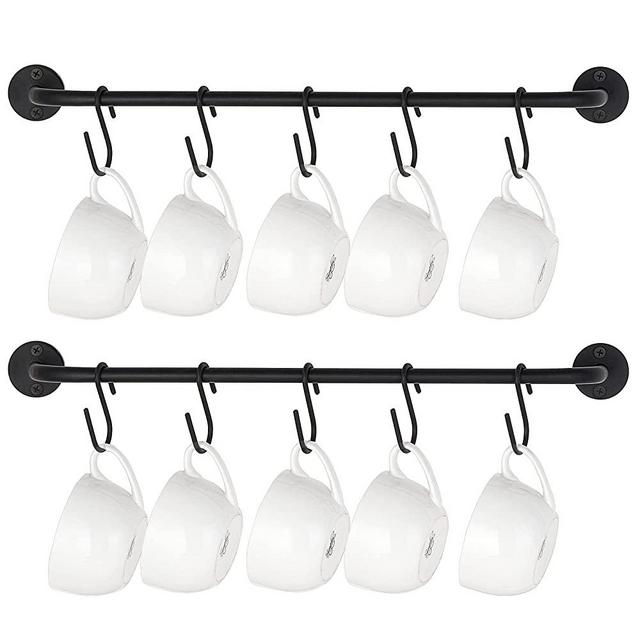 Mkono Mug Holder Wall Mounted Coffee Cup Rack Hanger Modern Metal Wall Rack with 10 Mug Hooks Rustic Utensil Tea Cups Storage Organizer for Kitchen Dining Room Coffee Bar, Set of 2, Black