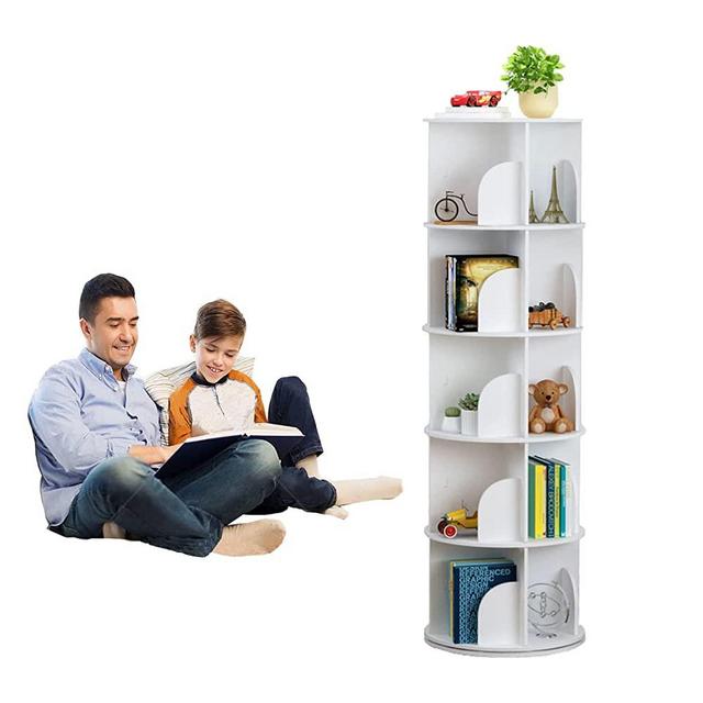 foriy 5 Tier 360° Display Rotating Bookshelf for for Kids&Adults Storage Rack White Floor Stackable Bookcase for Home, Office, Study Room, Bedroom(63''X18''X18'')