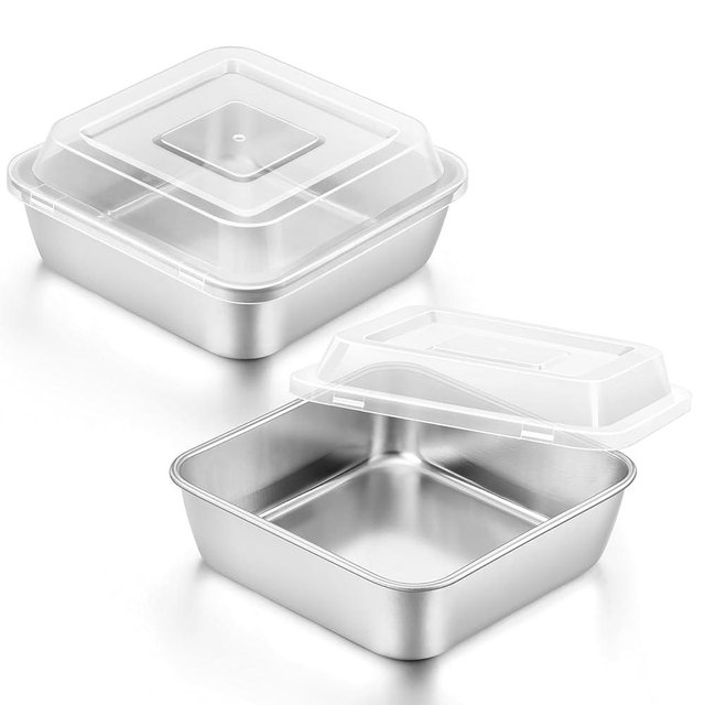 E-far 6 x 6-Inch Square Baking Pan with Lid, Small Stainless Steel Cake Brownie Pans Trays Dishes for Toaster Oven Air Fryer, Healthy & Dishwasher Safe - Set of 2(2 Pans + 2 Lids)