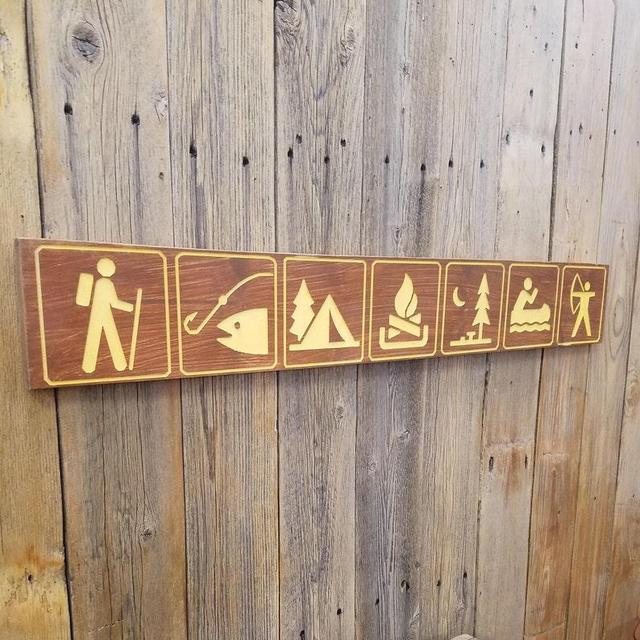 Camping Icons Carved Rustic Wood Sign/Outdoor sports/Recreational/Hiking/Fishing/Campfire/Archery/Cabin/Lodge/Décor