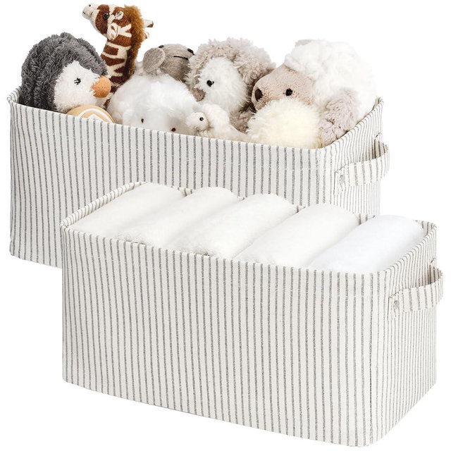 StorageWorks Narrow Storage Bins, Small Basket for Closet and Shelves, Rectangular Fabric Organizer with Handles, Toilet Paper Storage, Gray and White, 2-Pack