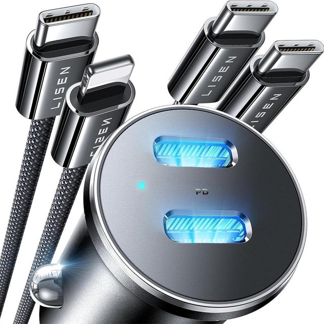 LISEN 90W USB C Car Charger Fast Charging, Dual Fast Charging Port PD 45W Cigarette Lighter Adapter, Super Fast Car Charger USB C with 2 Cables for iPhone 16 15 14 13 12 Pro Max, Galaxy S25/24/S23