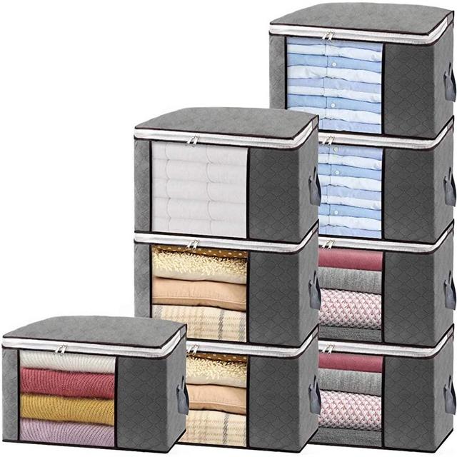 Isbasa 8 Pack Large Foldable Clothes Organizer Clothing Storage Bags with Clear Window Sturdy Zipper and Reinforced Handle Thick Fabric for Comforters, Blankets, Bedding, 8Pack, 84L, Grey