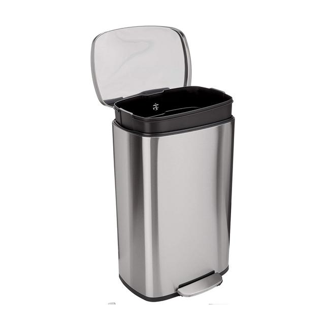 Amazon Basics Smudge Resistant Rectangular Trash Can With Soft-Close Foot Pedal, Brushed Stainless Steel, 50 Liter/13.2 Gallon, Satin Nickel Finish, 16.7"L x 14.7"W x 25.9"H