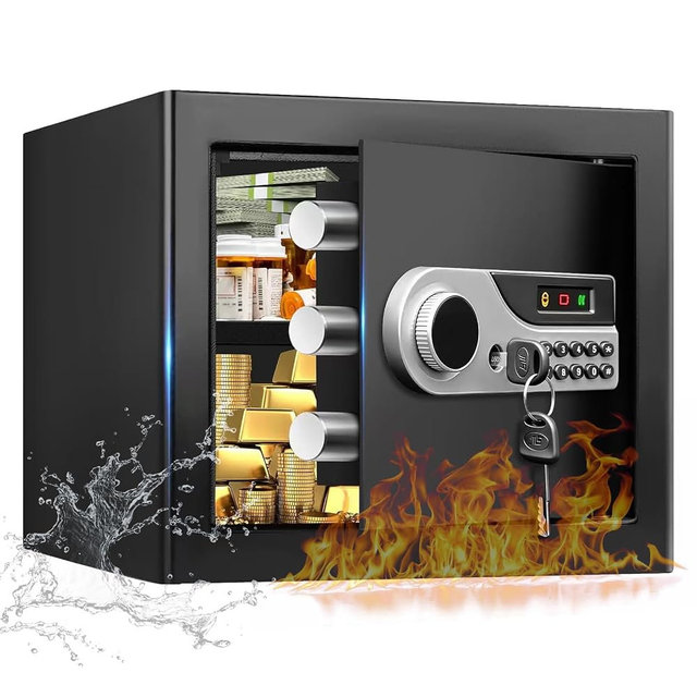 1.3 Cuft Small Home Safes Water and Fireproof, Digital Security Safe Box with Programmable Keypad and Key Lock, Anti-Theft Fire Safe Document Box for Home Money Medicine Valuables