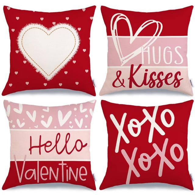 GEEORY Valentine's Day Throw Pillow Covers 18 x 18 Inch Set of 4, Red Heart XOXO Striped Hello Valentine Hugs & Kisses Decorative Pillowcases for Home Sofa Couch Cushion Decoration G414-18