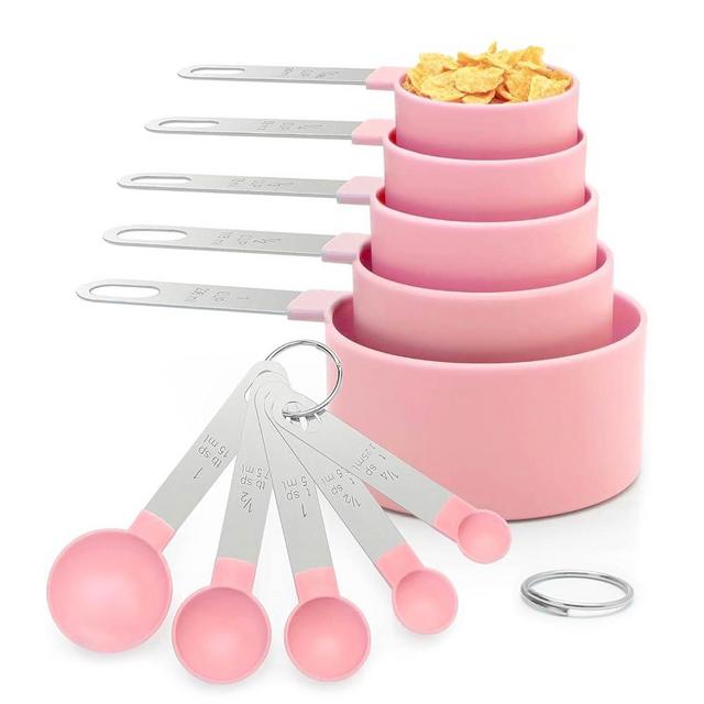 Measuring Cups and Spoons Set, 10 Pieces Stackable Measure Tools with Stainless Steel Handles, Kitchen Gadgets for Cooking & Baking (Pink)