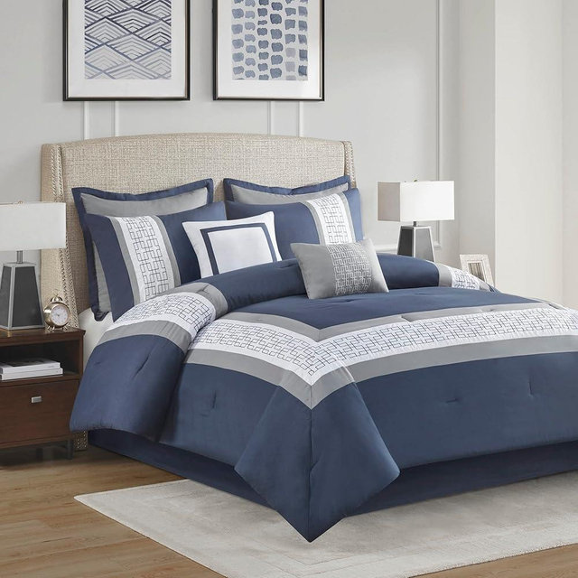 510 DESIGN Powell Cozy Comforter Set, Hotel Style Border Design with Geometric Embroidery Details, All Season Bedding with Matching Sham, Decorative Pillow, Bedskirt, Cal King(104"x92") Navy 8 Piece