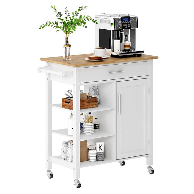 SogesGame Kitchen Island Cart with Storage Drawer & Open Shelves, Rolling Kitchen Cart on Wheels with Adjustable Shelf, Sturdy Kitchen Serving Cart for Home