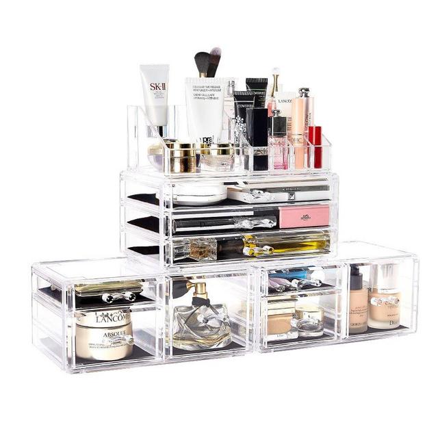 DreamGenius Makeup Organizer 4 Pieces Acrylic Jewelry and Cosmetic Storage Display Boxes with 9 Drawers