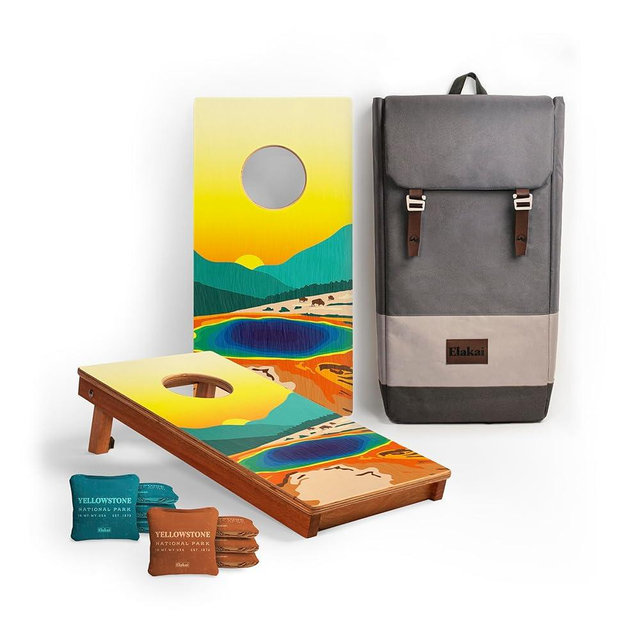 Elakai 1x2 Travel Size Cornhole Boards Set – National Parks Inspired Design, Premium Wooden Cornhole Game with Collapsible Legs & Carry Handles for Outdoor Lawn & Tailgate Games