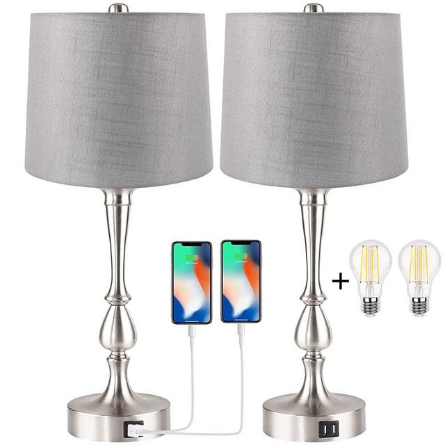 Set of 2 Touch Control Table Lamp with Dual USB Charging Ports Desk Lamps, 3-Way Dimmable Modern Nickel Finish Bedside Large Table Lamps for Living Room, Bedroom by PARTPHONER