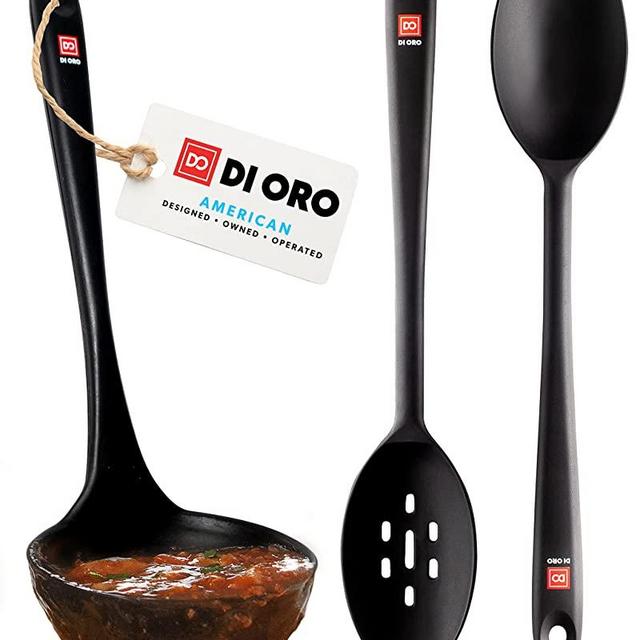 DI ORO Silicone Ladle & Spoons for Cooking – Large Kitchen Spoons for Mixing, Serving, & Stirring - Soup Ladle with Wide Bowl - High Heat Silicone Kitchen Utensils for Nonstick Cookware Safe (Black)