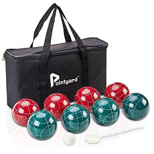 Pointyard Bocce Ball Set, 90mm Classic Bocci Ball Set with 8 Resin Bocce Balls/1 Pallino/Nylon Zippered Bag/Measuring Tape - Outdoor Family Games for Backyard/Lawn/Beach (Red & Green)