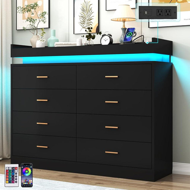 Hlivelood 8 Drawer Dresser with LED Light and Charging Station, Modern Chest of Drawers for Closet, Wide Drawer Organizer Cabinet for Bedroom, Living Room, Entryway, Hallway(Black)